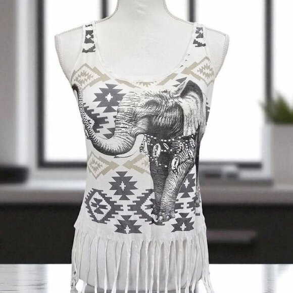 Rock & Rose Elephant Fringe Tank Top – Tribal Print, Scoop Neck, Cotton Blend S - Picture 2 of 7